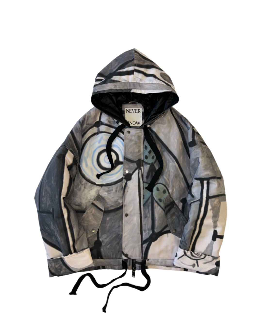 Abstract Grey Oversized Hooded Jacket