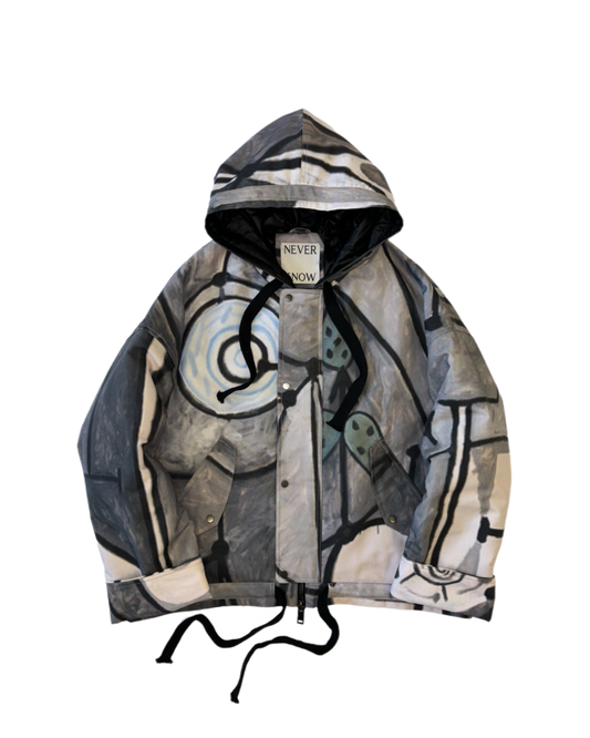 Abstract Grey Oversized Hooded Jacket