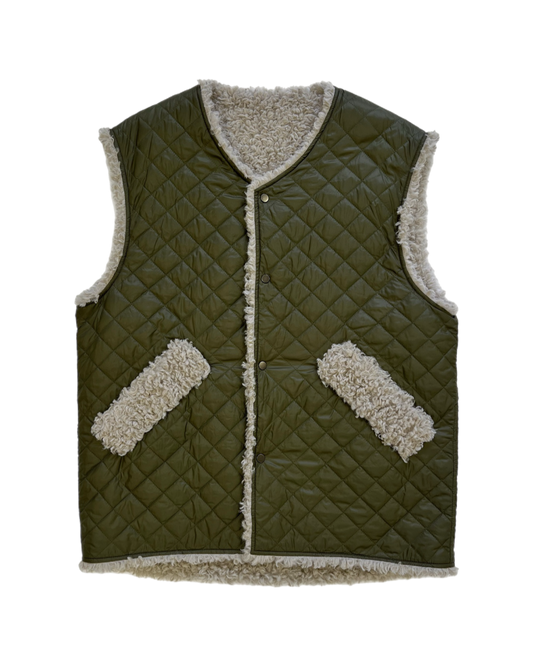 Olive & Ivory Reversible Sleeveless Quilted Faux Fur Vest