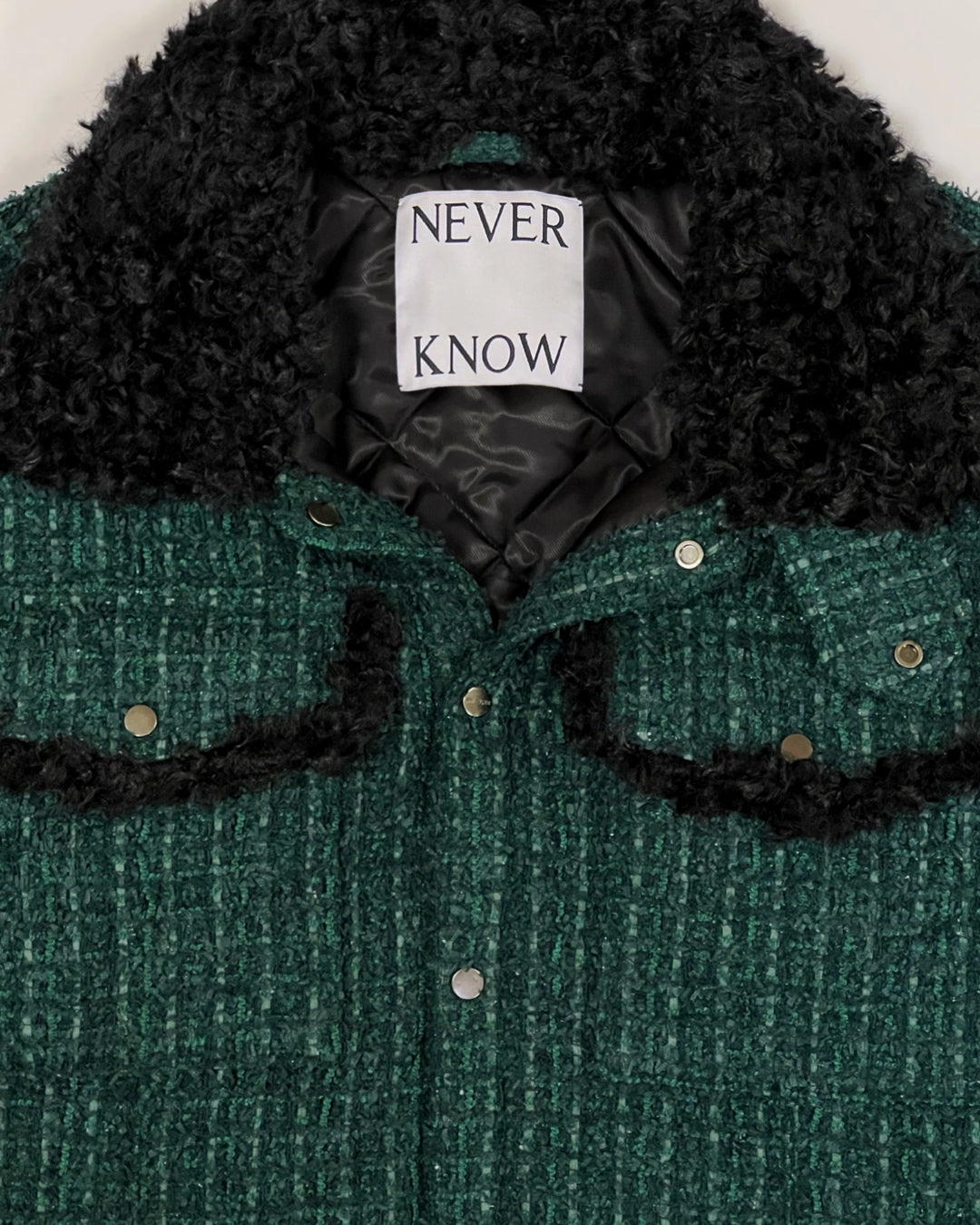 Emerald Tweed & Faux Fur Oversized Shirt Jacket