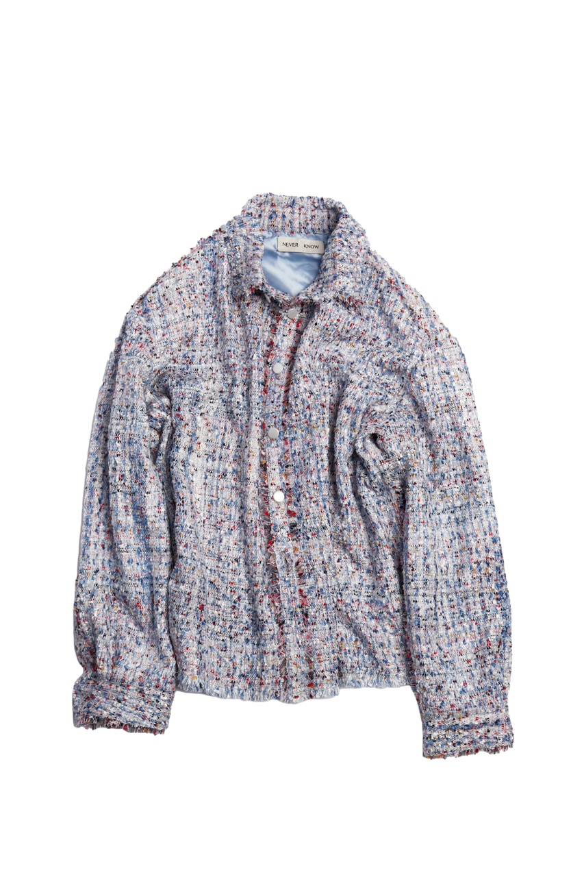 Light Blue Multicolor Melange Oversized Raw Cut Tweed Shirt