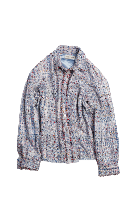 Light Blue Multicolor Melange Oversized Raw Cut Tweed Shirt