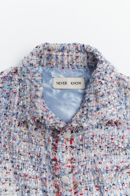Light Blue Multicolor Melange Oversized Raw Cut Tweed Shirt