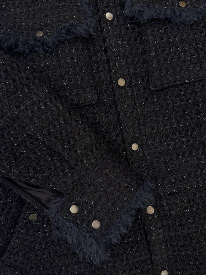 Black & Navy Tweed Oversized Shirt Jacket with Faux Fur