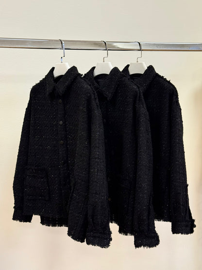 Black Oversized Raw Cut Tweed Shirt
