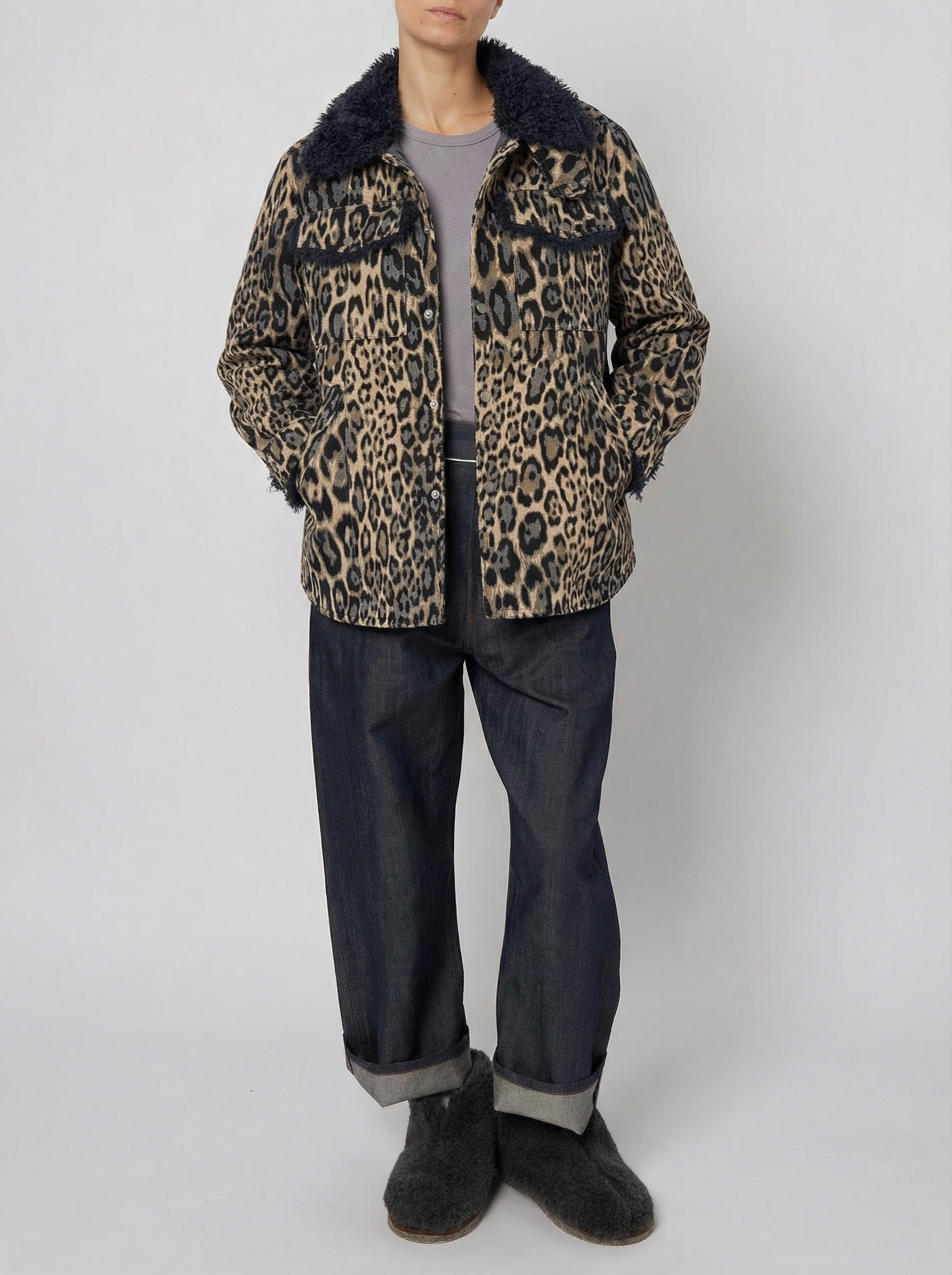 Leopard Jacquard Oversized Shirt Jacket with Faux Fur