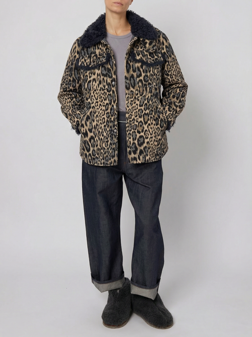 Leopard Jacquard Oversized Shirt Jacket with Faux Fur