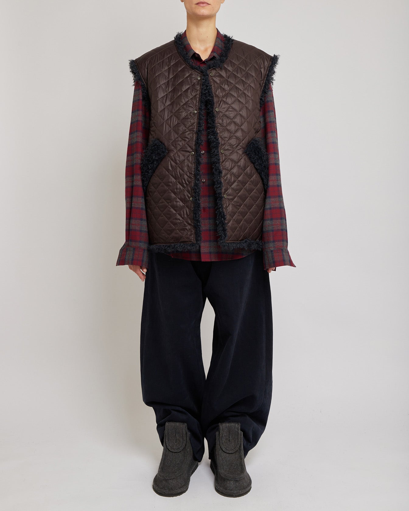 Cacao & Navy Reversible Sleeveless Quilted Faux Fur Vest