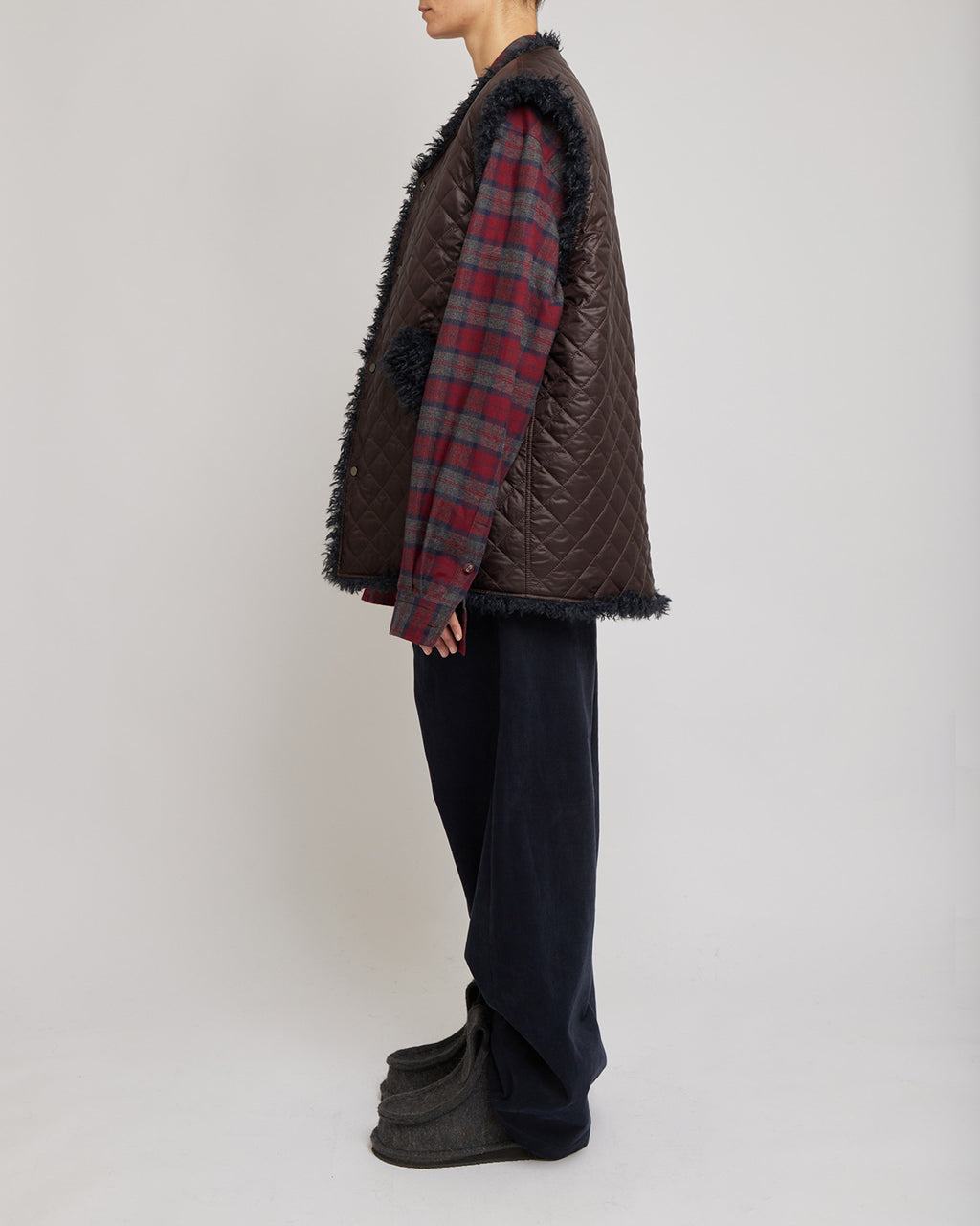 Cacao & Navy Reversible Sleeveless Quilted Faux Fur Vest