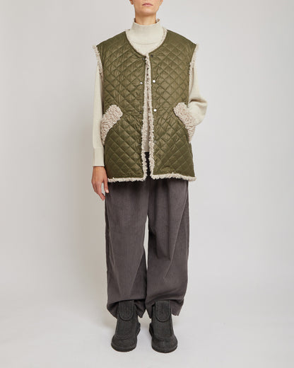 Olive & Ivory Reversible Sleeveless Quilted Faux Fur Vest