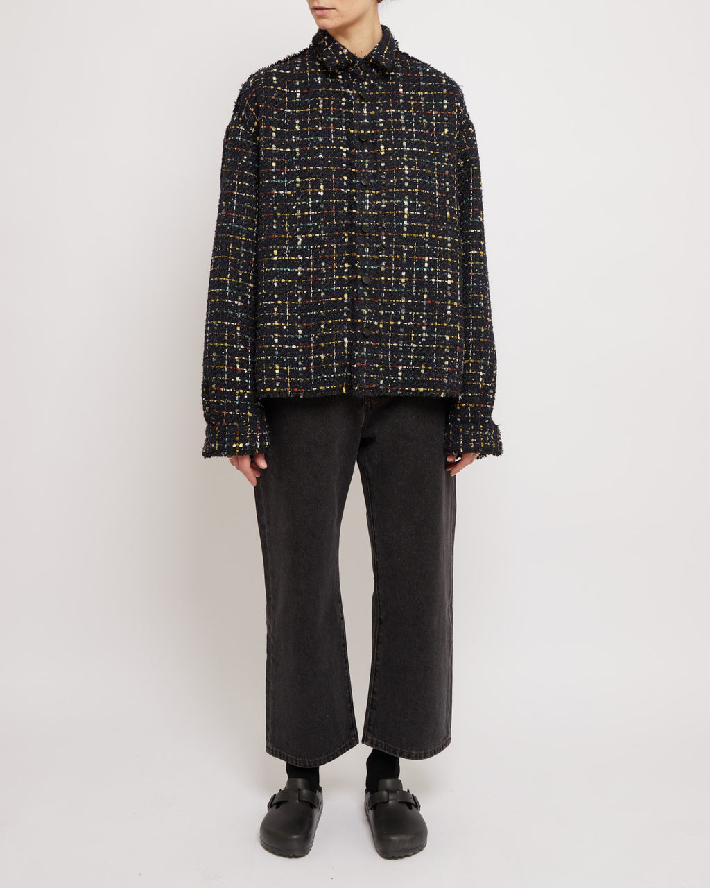 Sparkly Dark Navy Oversized Raw Cut Tweed Shirt