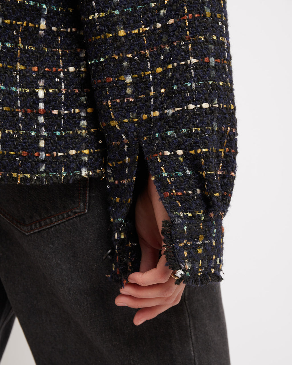 Sparkly Dark Navy Oversized Raw Cut Tweed Shirt