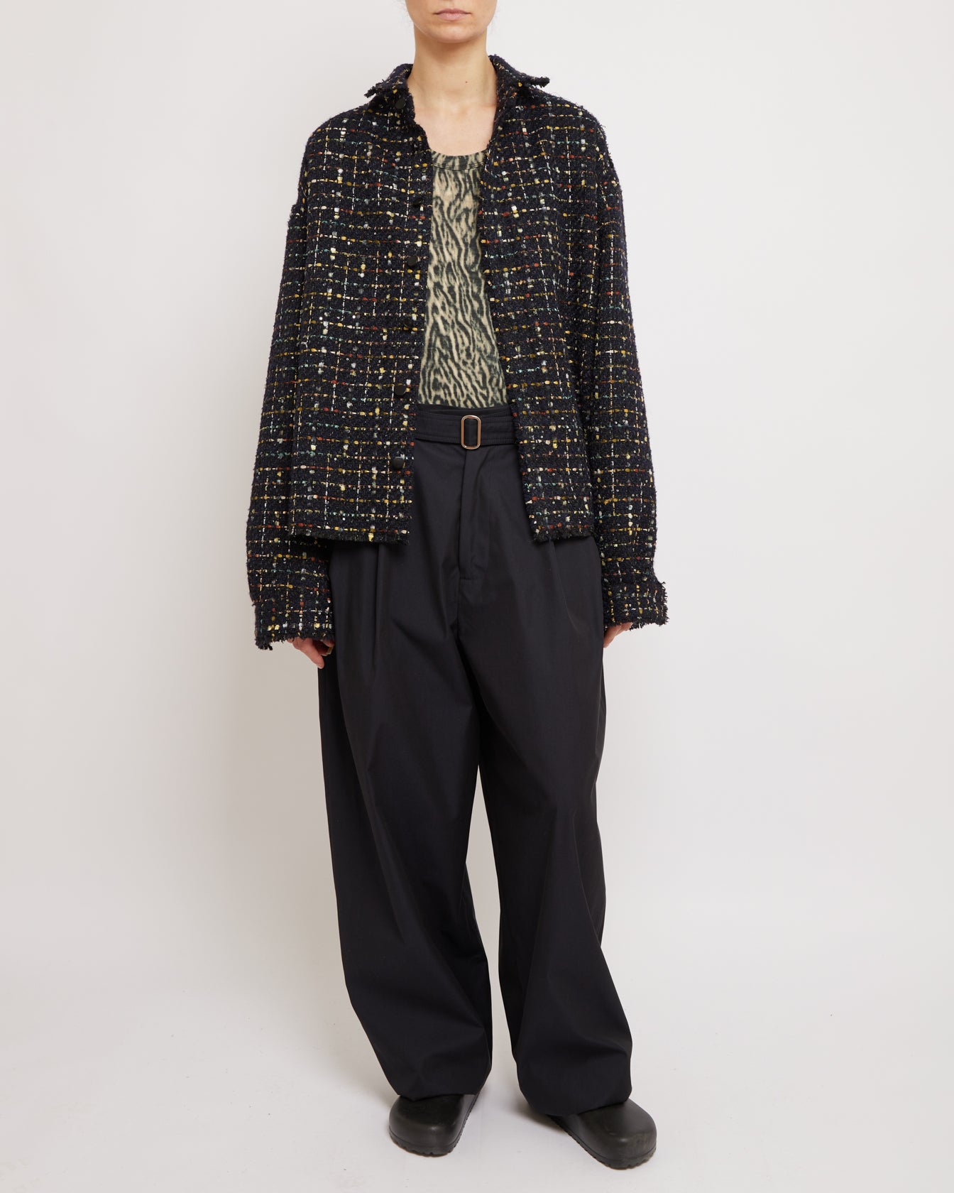 Sparkly Dark Navy Oversized Raw Cut Tweed Shirt