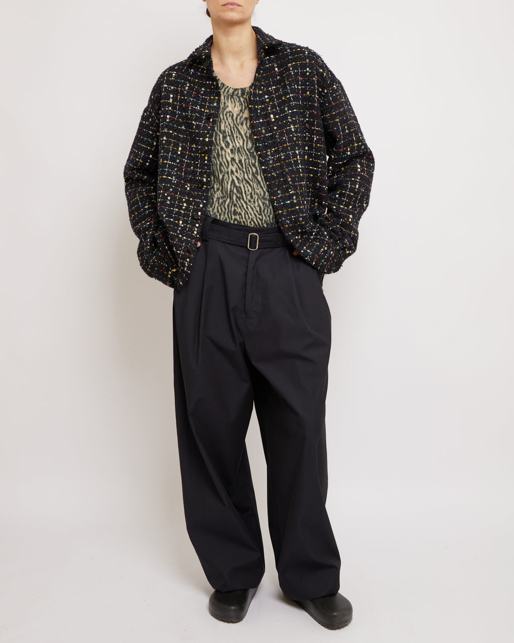 Sparkly Dark Navy Oversized Raw Cut Tweed Shirt
