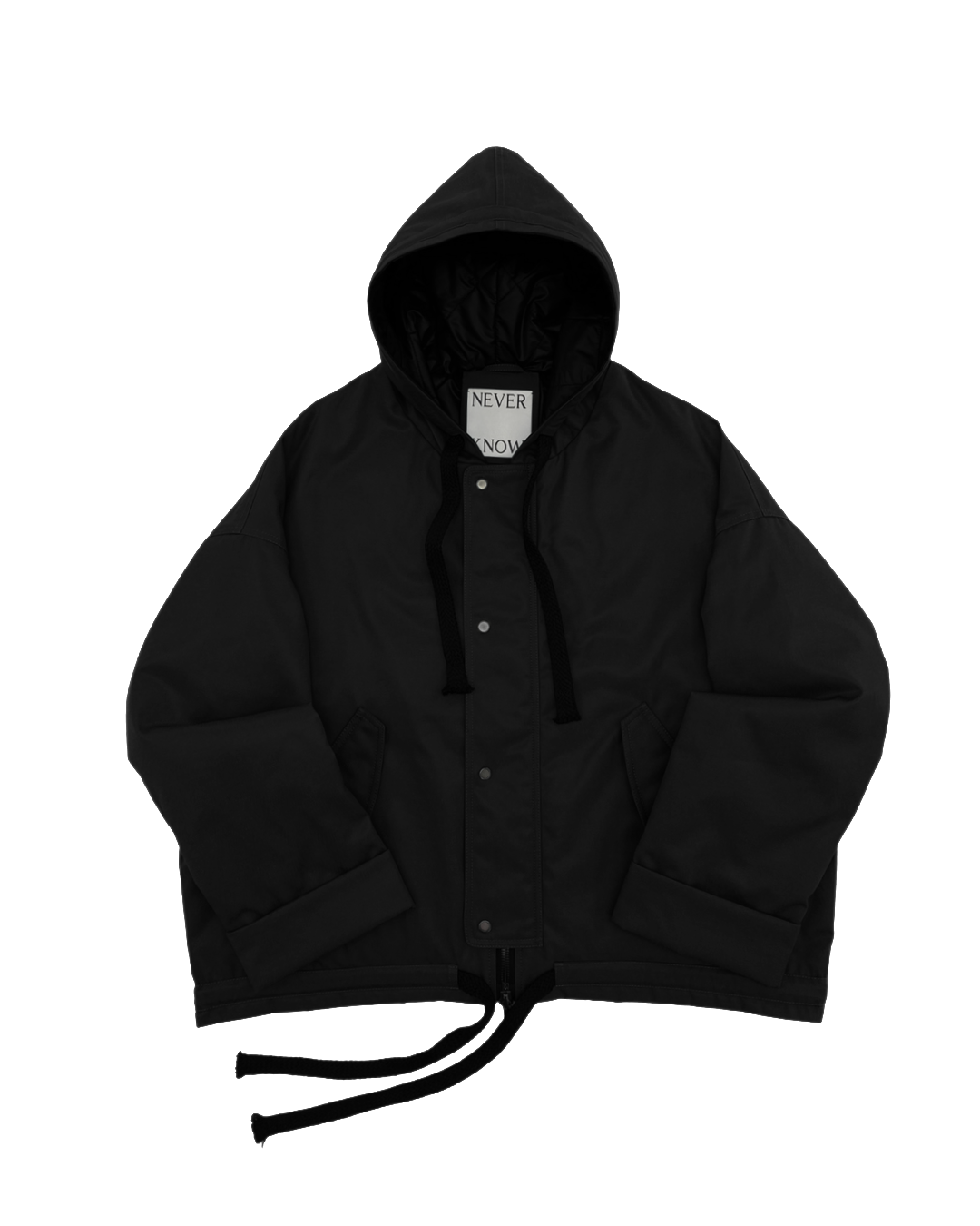 Black oversized hooded jacket for men and women with quilted lining and insulation.