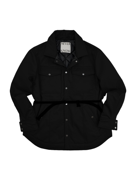 Black oversized shirt jacket with black quilted lining and insulation, metal snap buttons and textile belt.