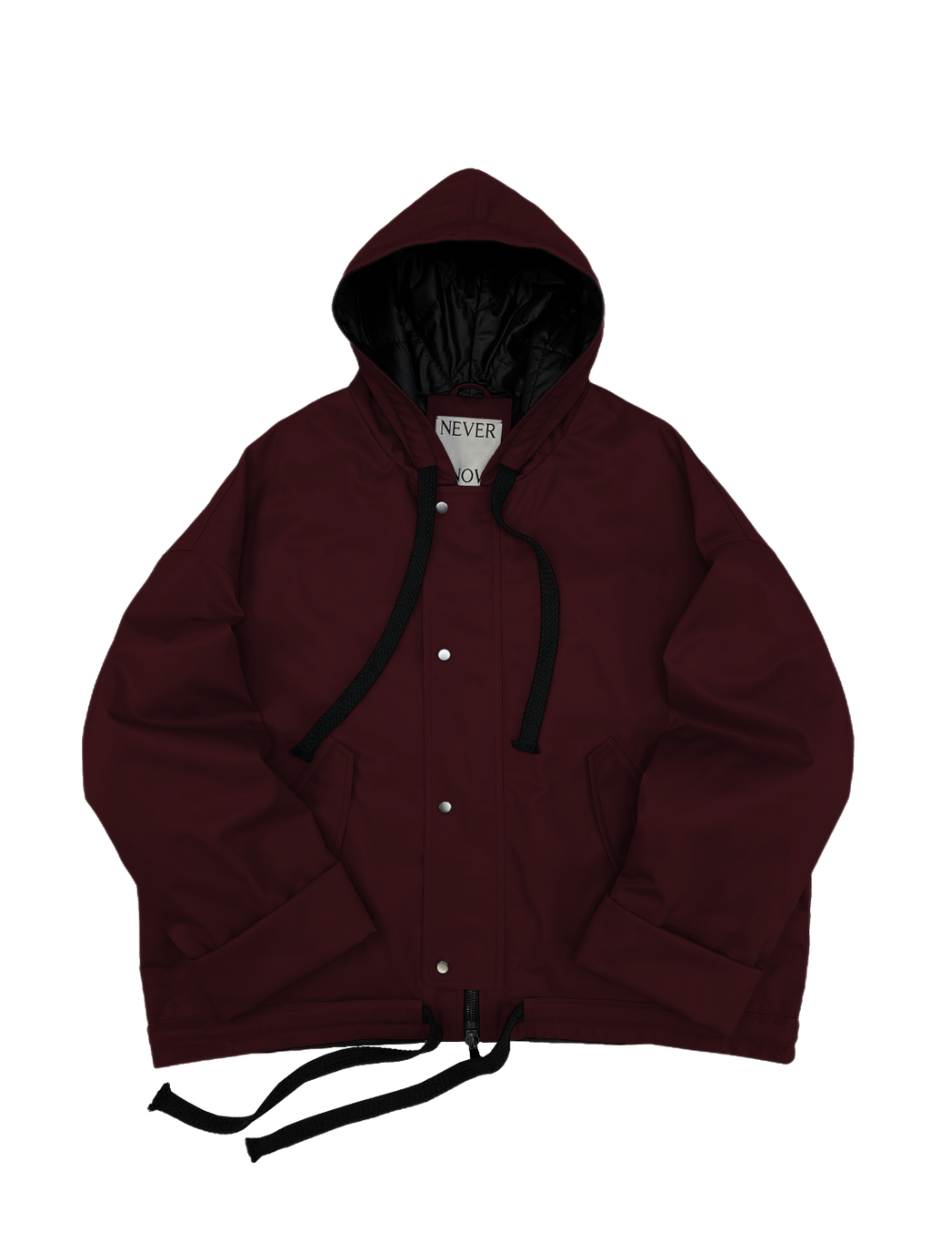 Wine red oversized hooded jacket with quilted lining and insulation.