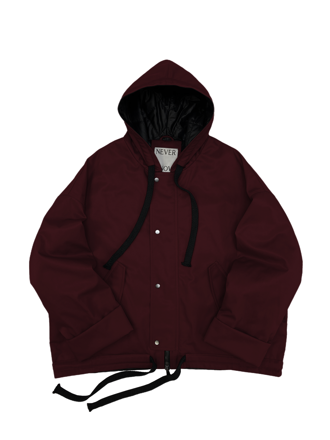 Wine red oversized hooded jacket with quilted lining and insulation.