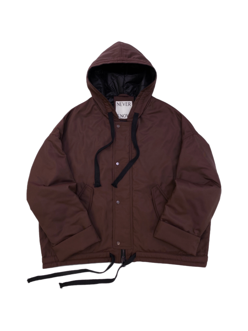 Brown oversized hooded jacket with quilted lining and insulation.