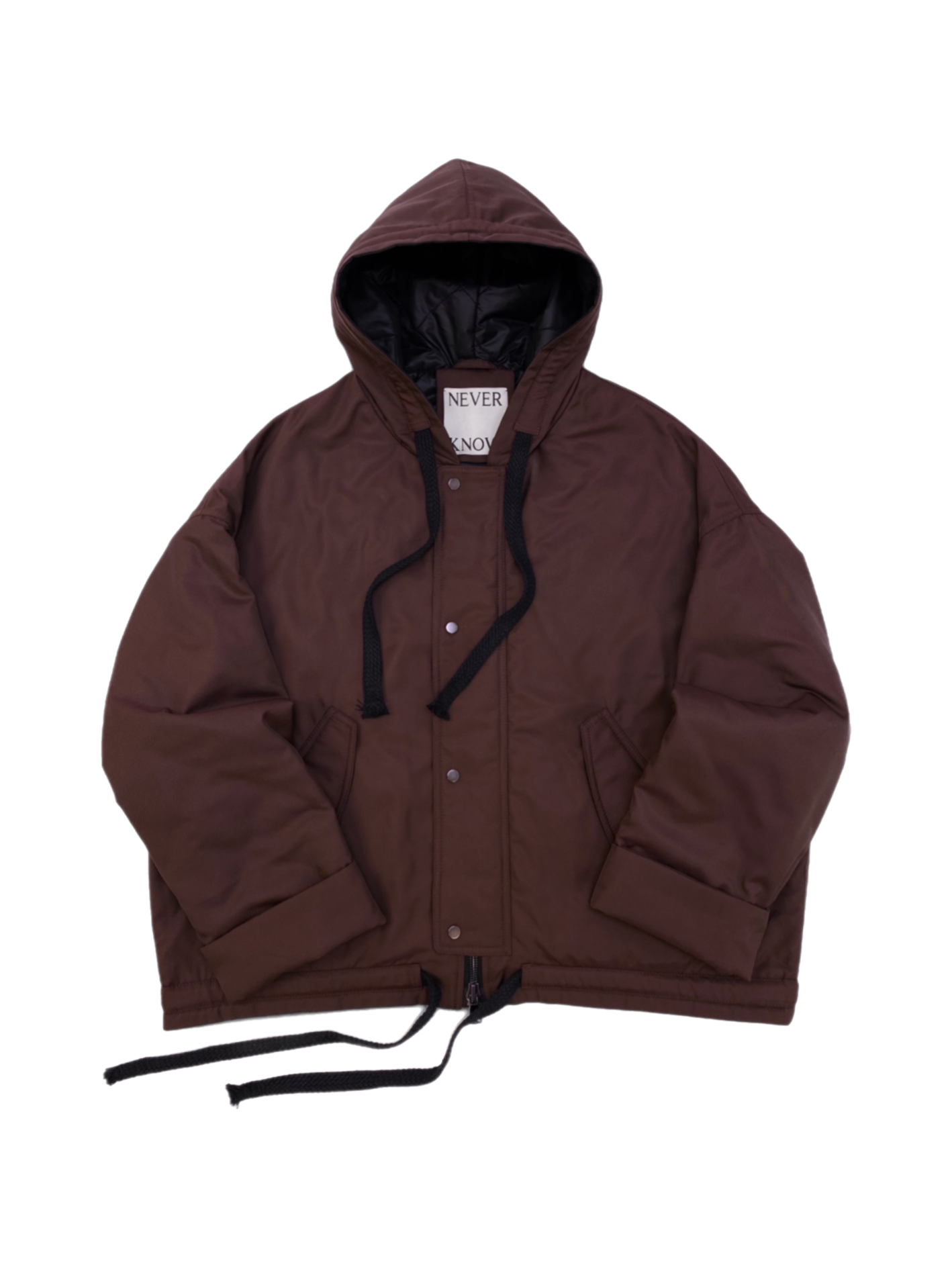 Brown oversized hooded jacket with quilted lining and insulation.