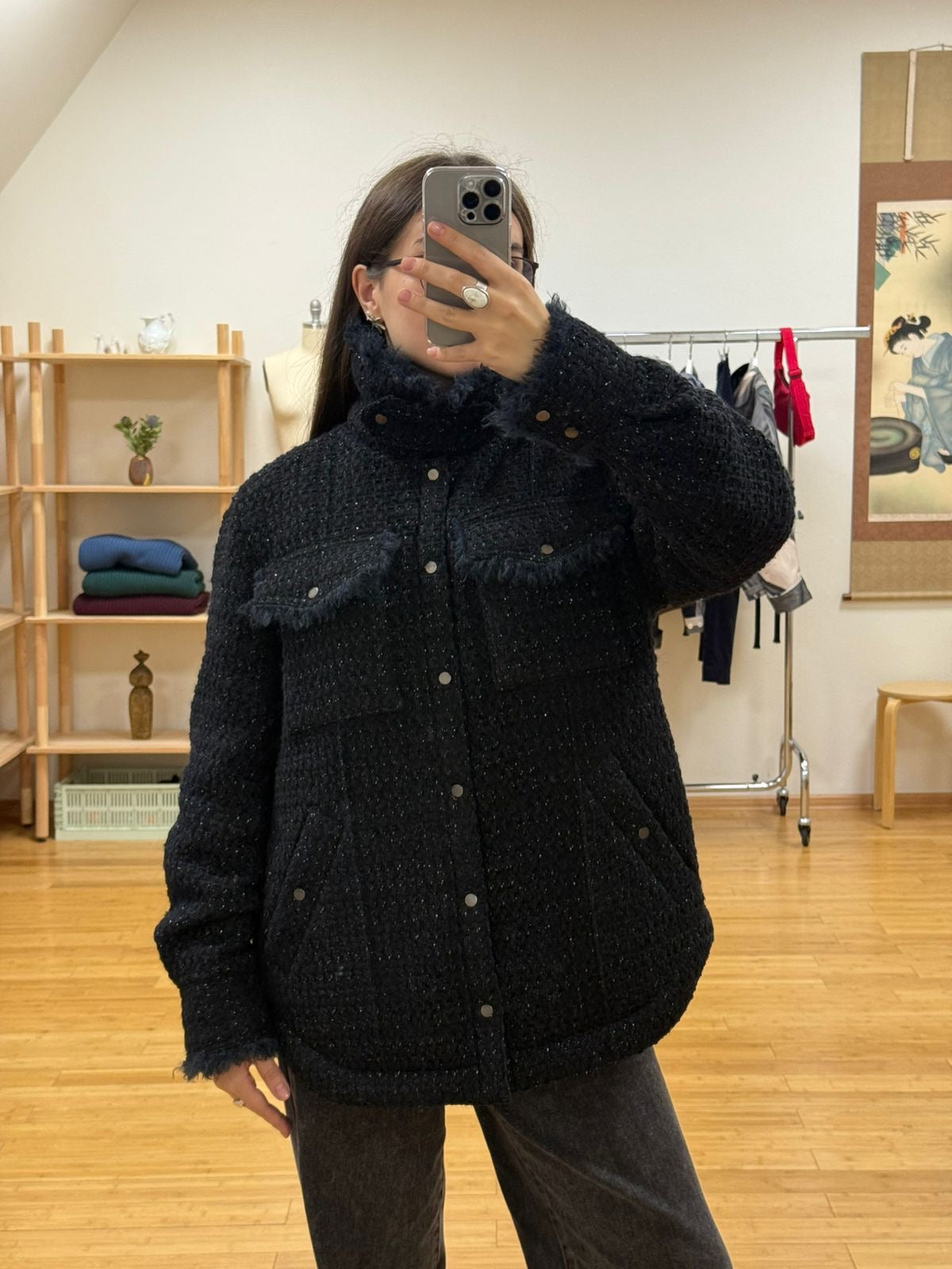 Black & Navy Tweed Oversized Shirt Jacket with Faux Fur
