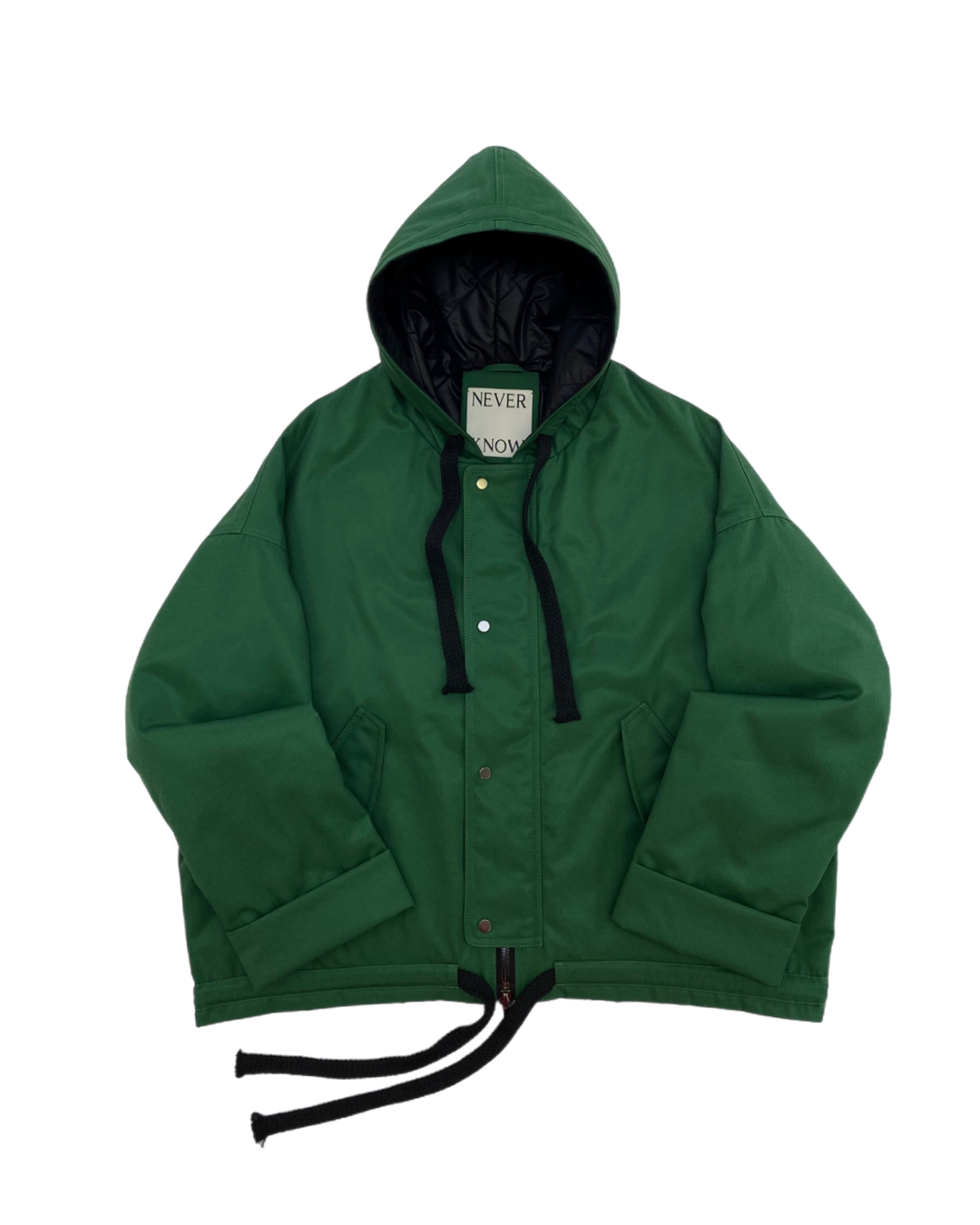 Green oversized hooded jacket with quilted lining and insulation.