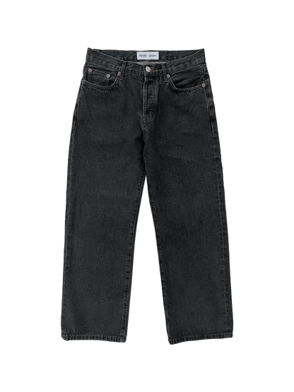 Dark grey washed 13 oz Japanese denim cropped jeans.