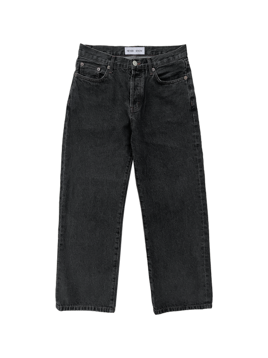 Dark grey washed 13 oz Japanese denim cropped jeans.