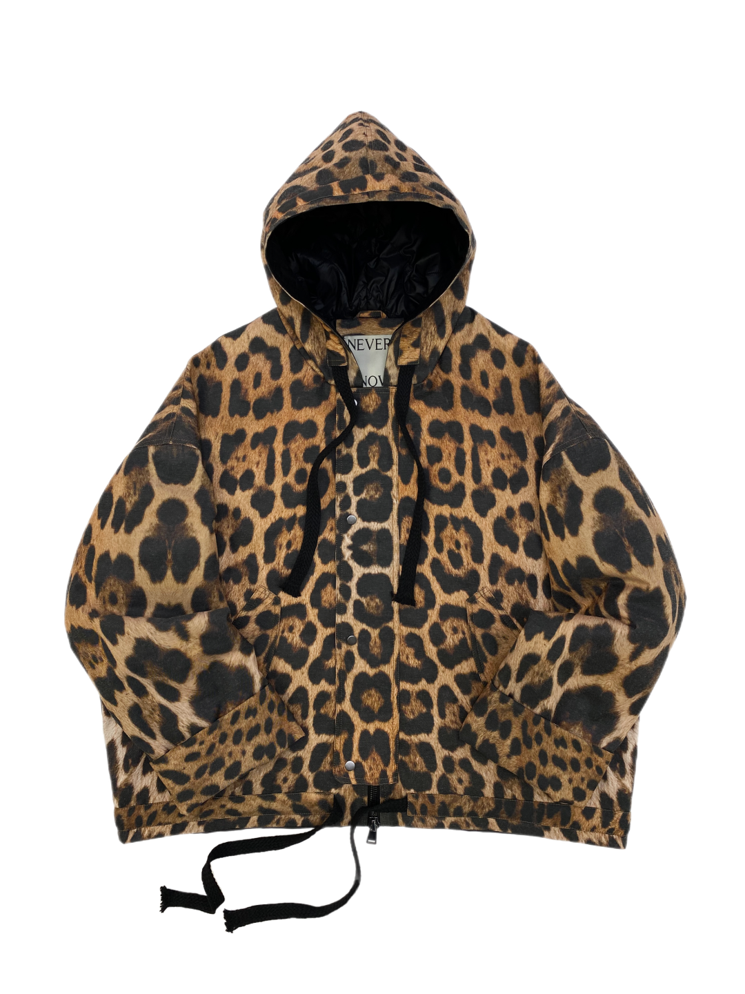 Leopard print oversized hooded jacket with quilted lining and insulation.