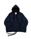 Navy oversized hooded jacket with quilted lining and insulation.