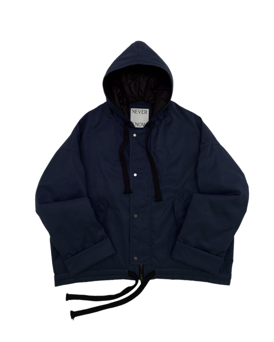 Navy oversized hooded jacket with quilted lining and insulation.