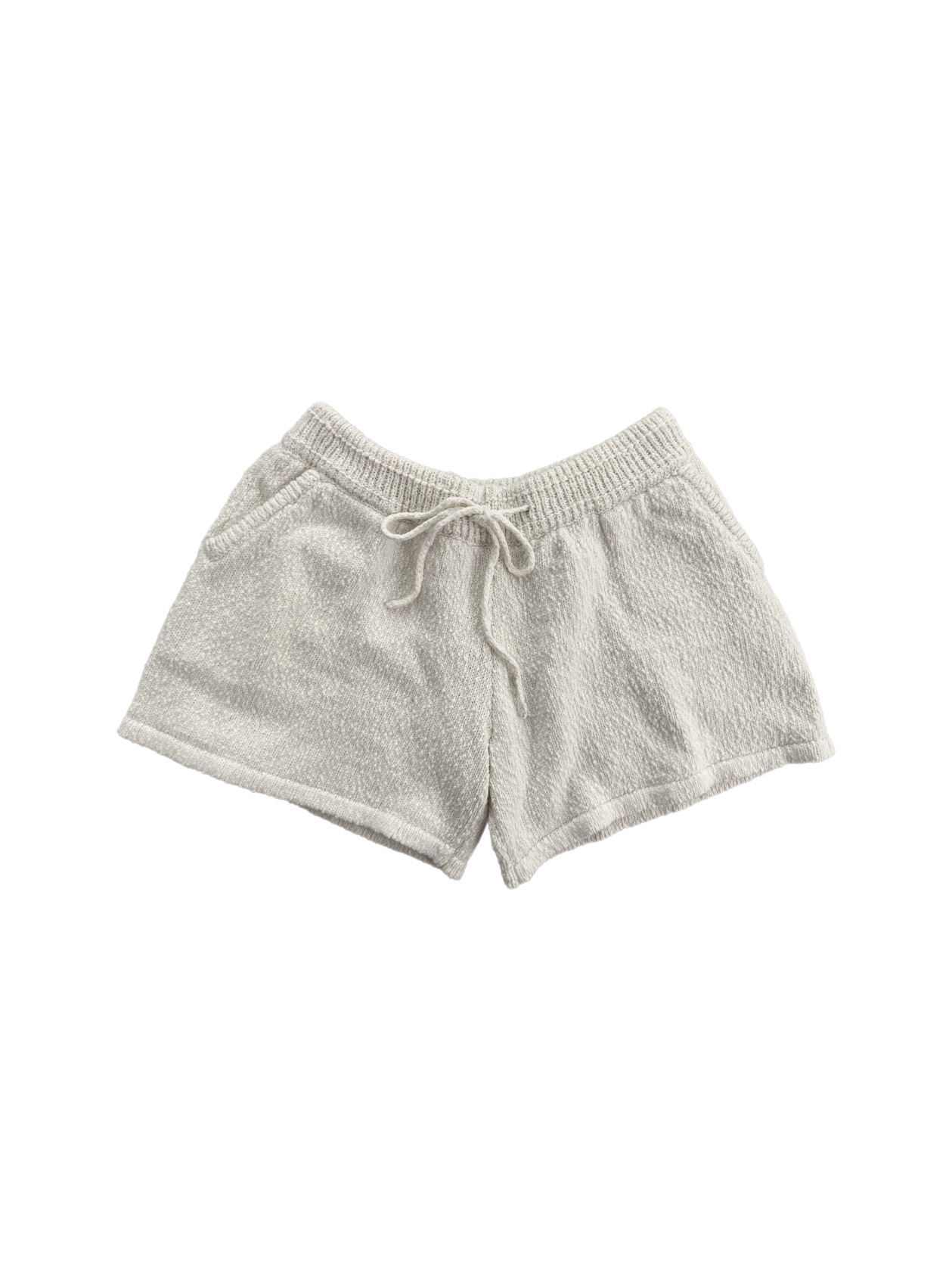 White organic cotton knit shorts with ribbed belt and drawstrings.