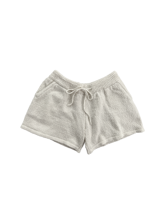 White organic cotton knit shorts with ribbed belt and drawstrings.