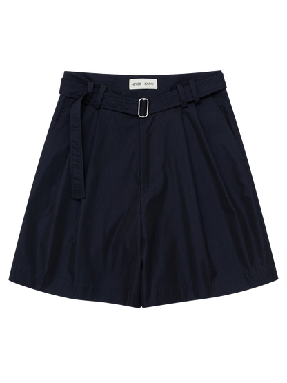 Dark Navy Belted Pleated Shorts