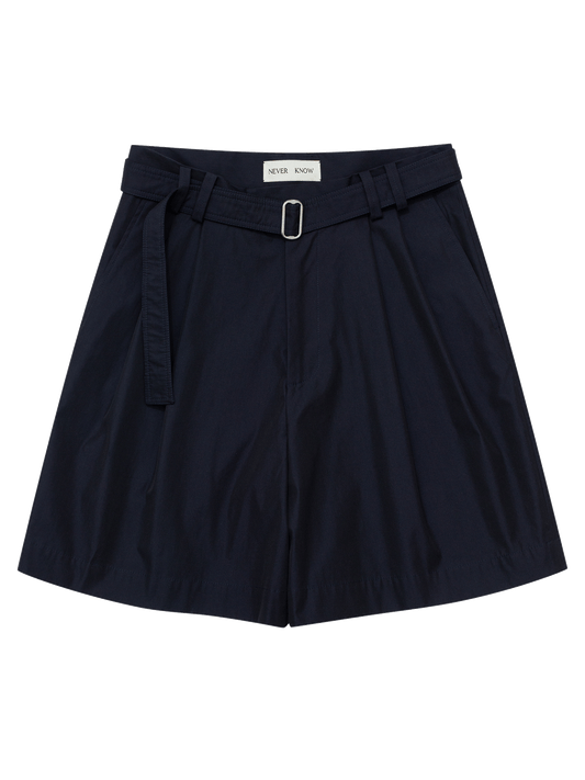 Dark Navy Belted Pleated Shorts