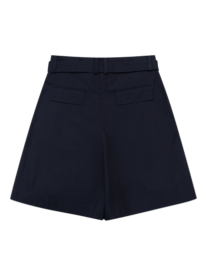 Dark Navy Belted Pleated Shorts