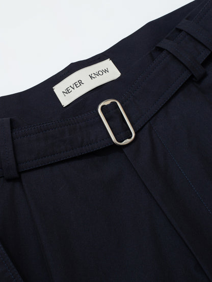 Dark Navy Belted Pleated Shorts