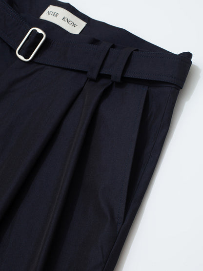 Dark Navy Belted Pleated Shorts