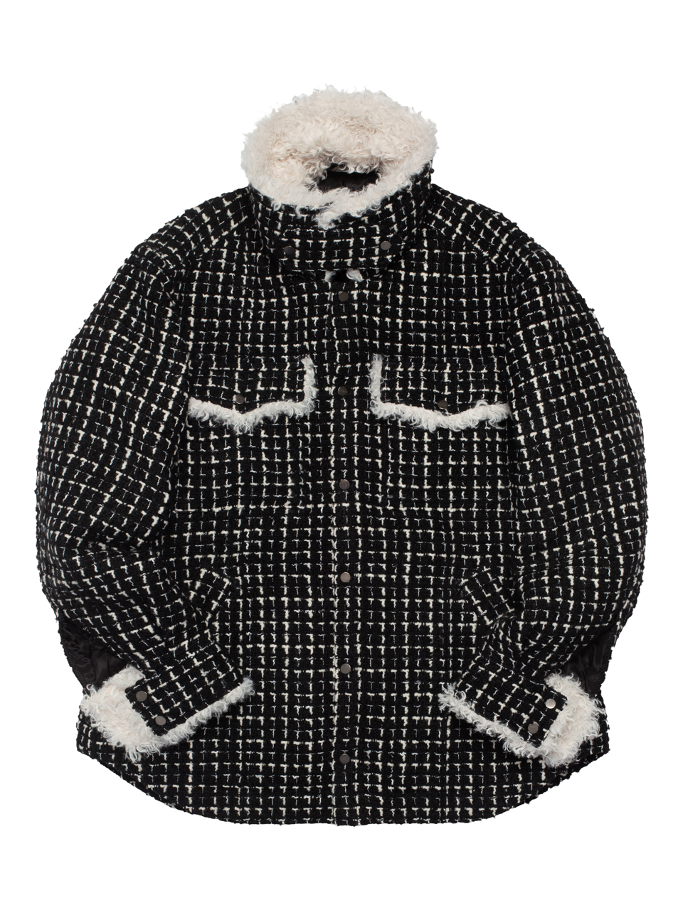 Black & White Tweed Oversized Shirt Jacket with Faux Fur