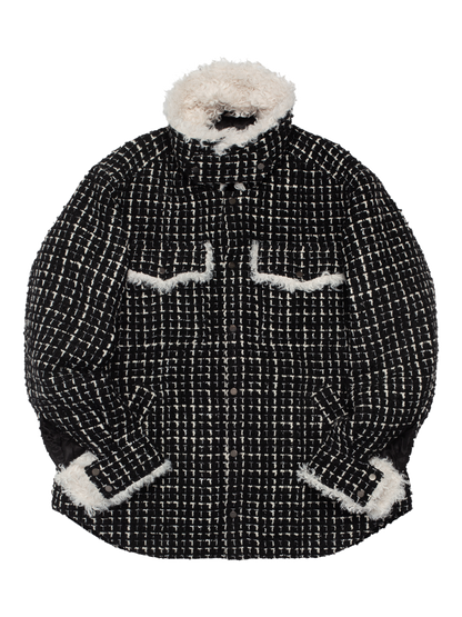 Black & White Tweed Oversized Shirt Jacket with Faux Fur
