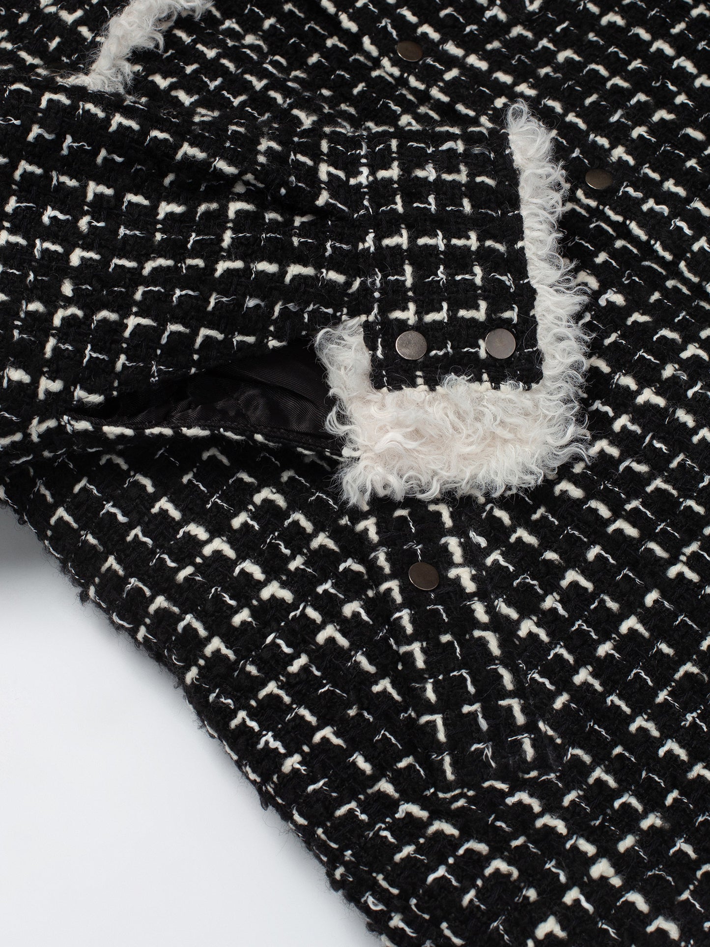 Black & White Tweed Oversized Shirt Jacket with Faux Fur