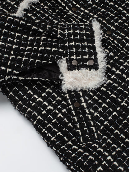 Black & White Tweed Oversized Shirt Jacket with Faux Fur