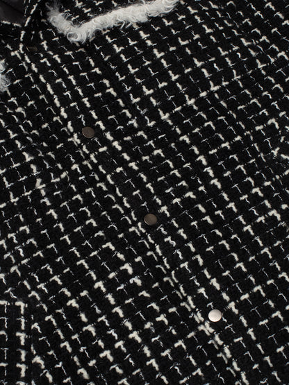 Black & White Tweed Oversized Shirt Jacket with Faux Fur