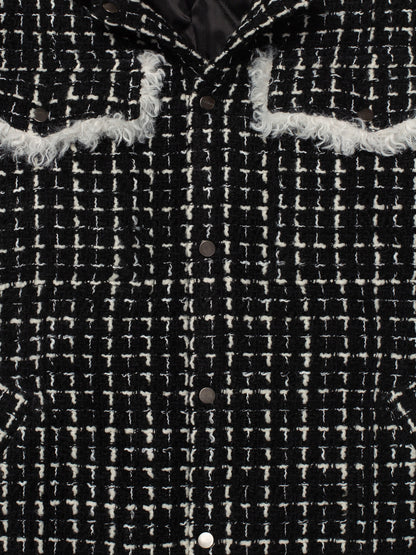 Black & White Tweed Oversized Shirt Jacket with Faux Fur