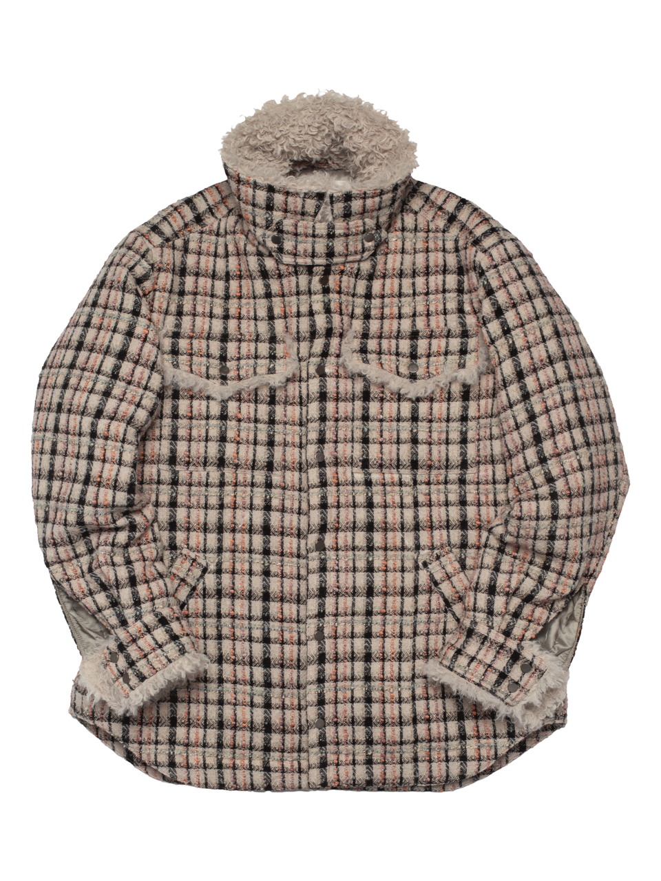 Beige Melange Tweed Oversized Shirt Jacket with Faux Fur