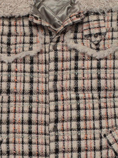 エメラルドツイード＆フェイクファーオーバーサイズシャツジャケット