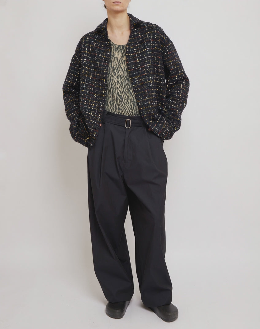 Sparkly Dark Navy Oversized Raw Cut Tweed Shirt