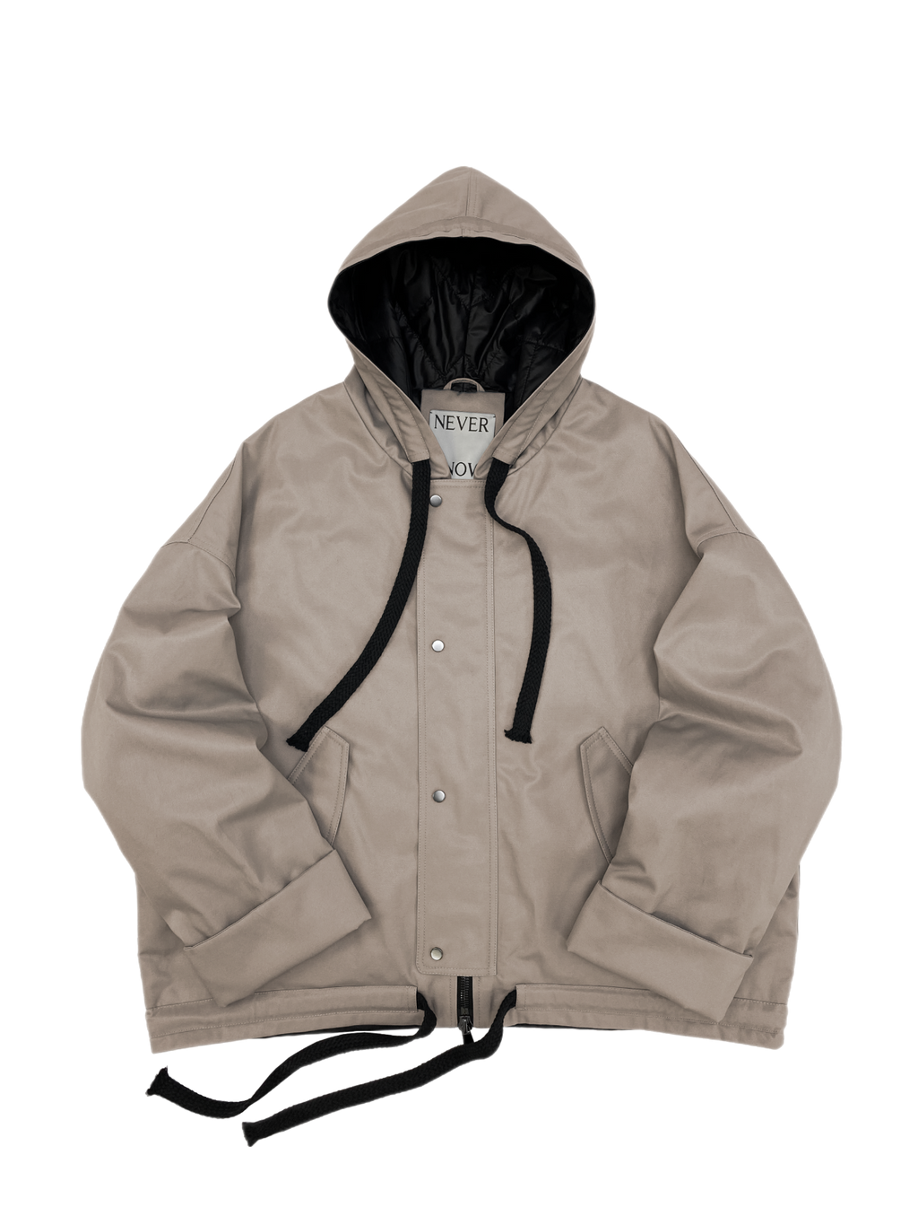 Beige oversized hooded jacket with quilted lining and insulation.