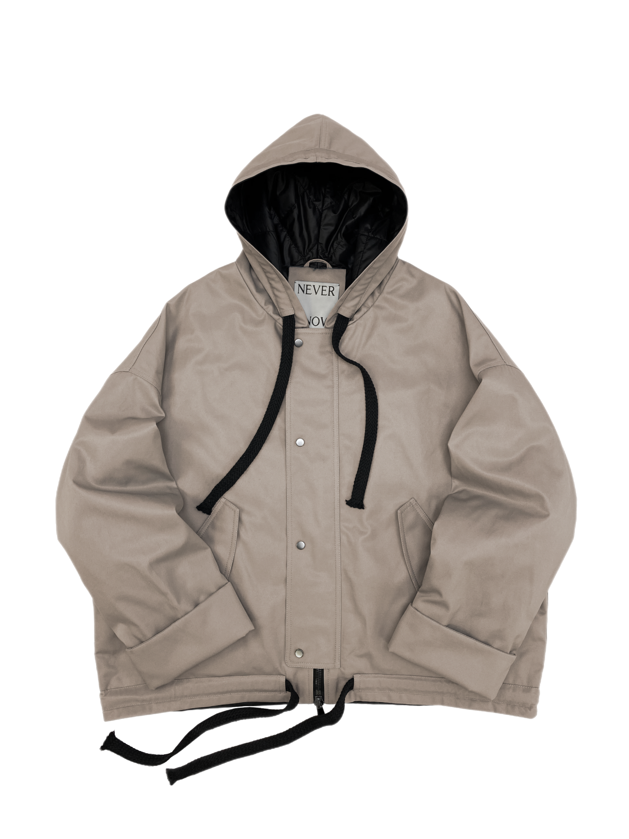 Beige oversized hooded jacket with quilted lining and insulation.