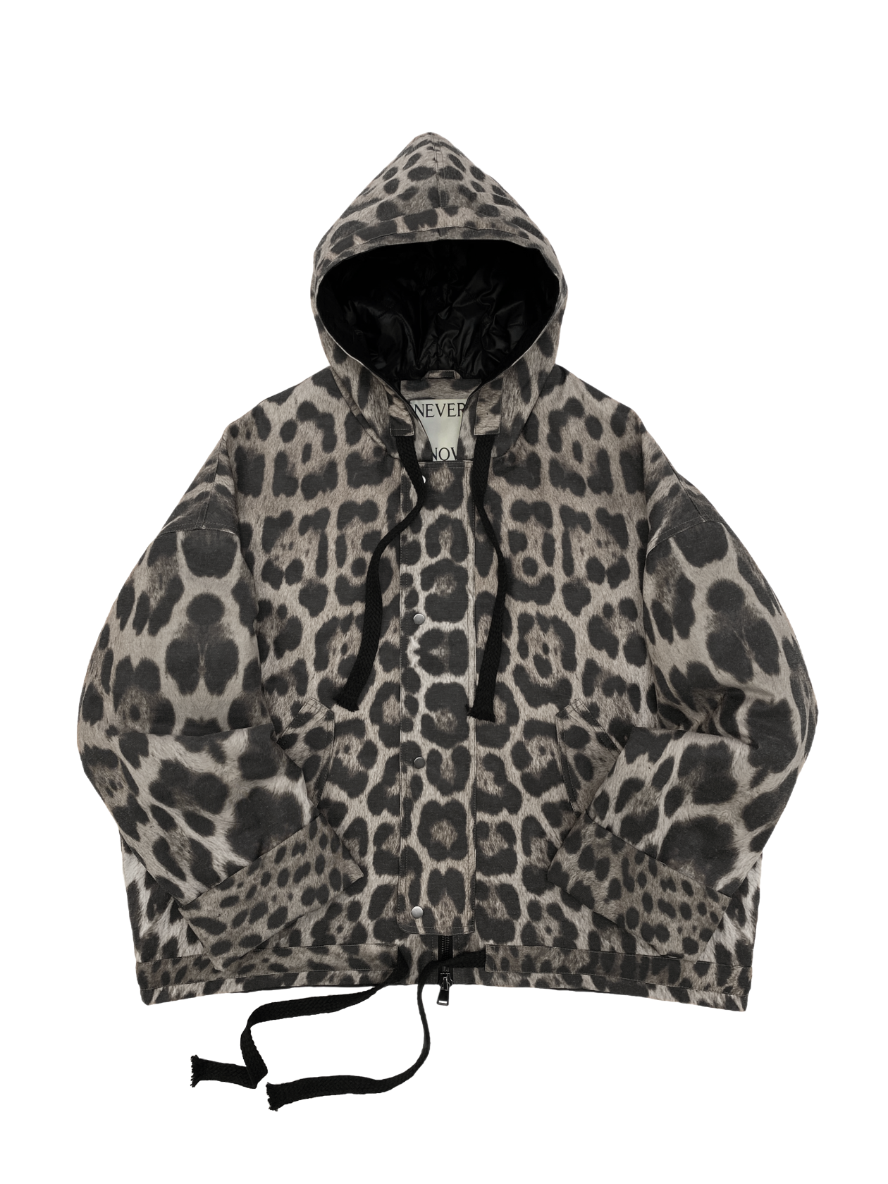 Snow leopard printed oversized hooded jacket with quilted lining and insulation.